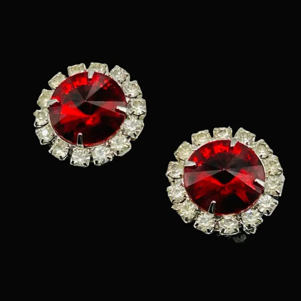Vintage Intense Red Rivoli Clear Rhinestone Large Clip Earrings